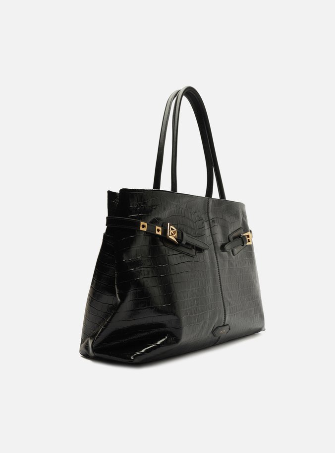 Bolsa Shopping Preta Couro Croco Grande Fivelas
