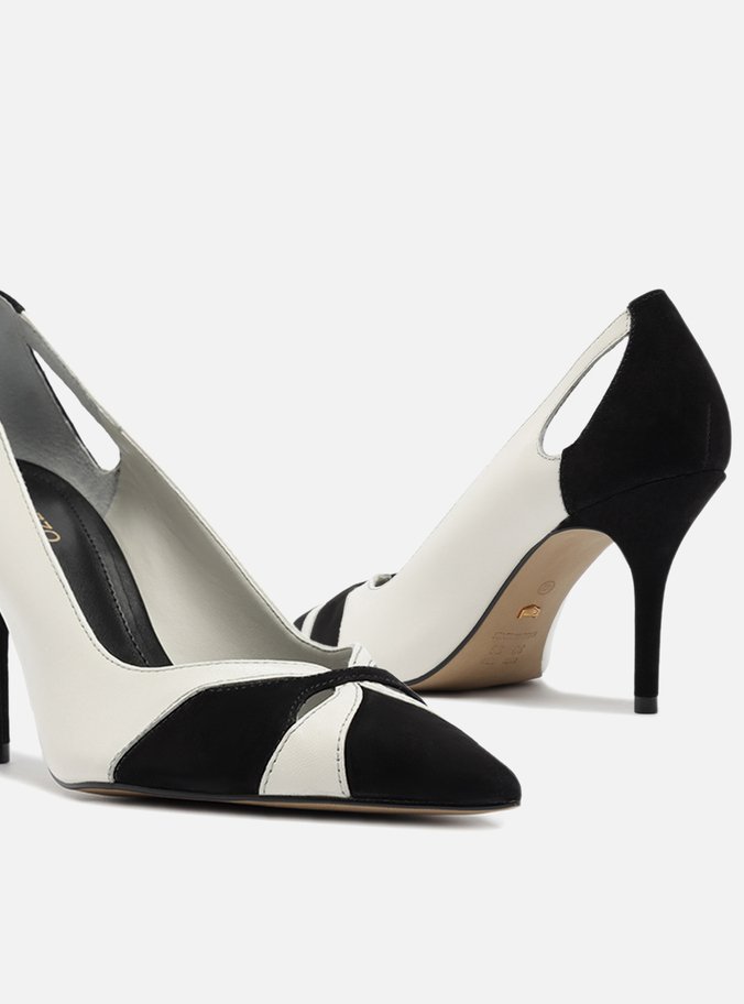 Scarpin Preto Couro Salto Fino Vazado Bicolor