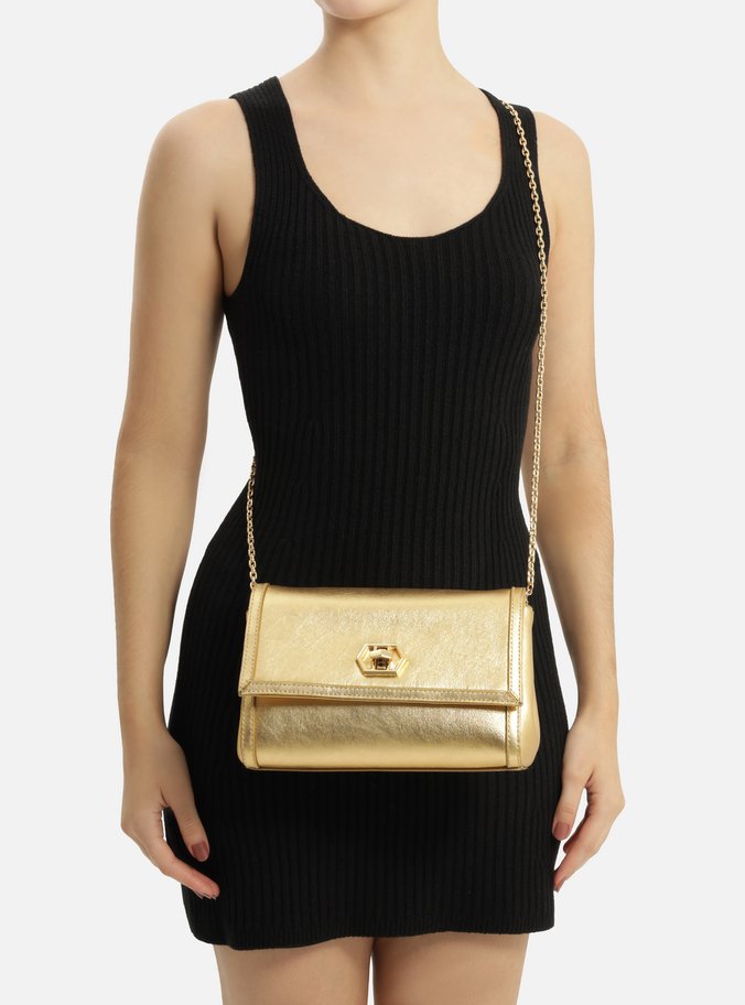 Bolsa Tiracolo Dourada Couro Média Encaixe Metal