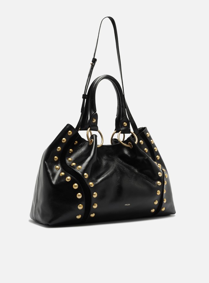 Bolsa Tote Preta Couro Grande Rebites
