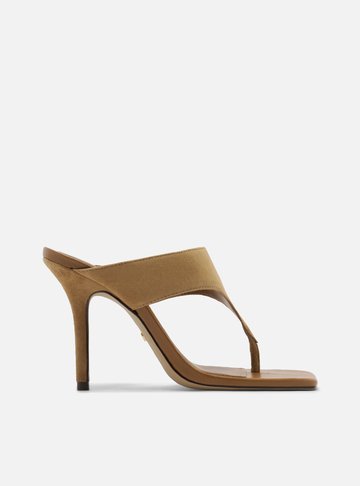 Sandália Marrom Camurça Salto Alto Tira Thong