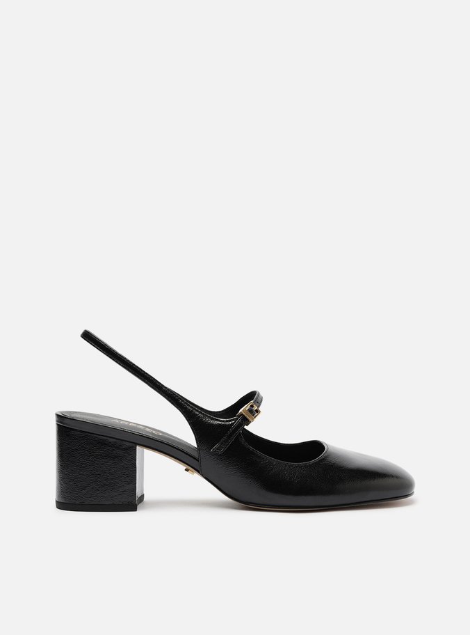 Sapato Boneca Preto Couro Bloco Slingback Classic