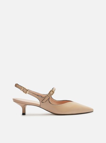 Scarpin Bege Couro Bico Fino Slingback