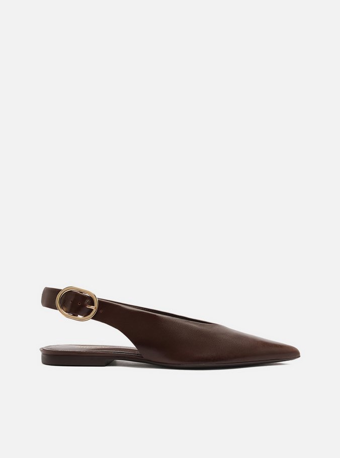 Sapatilha Marrom Couro Slingback Bico Fino Fivela
