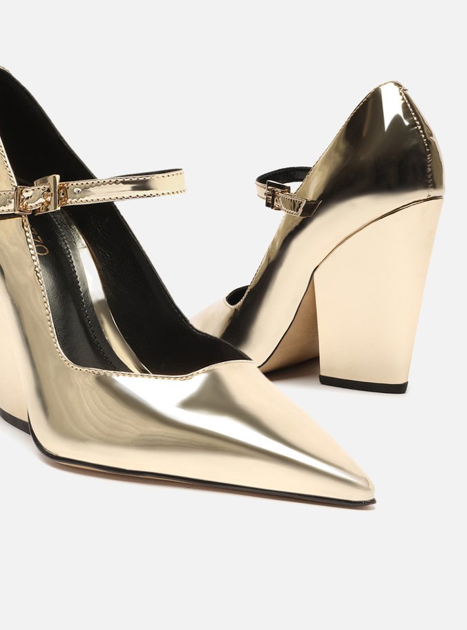 Scarpin Dourado Salto Bloco Bico Fino