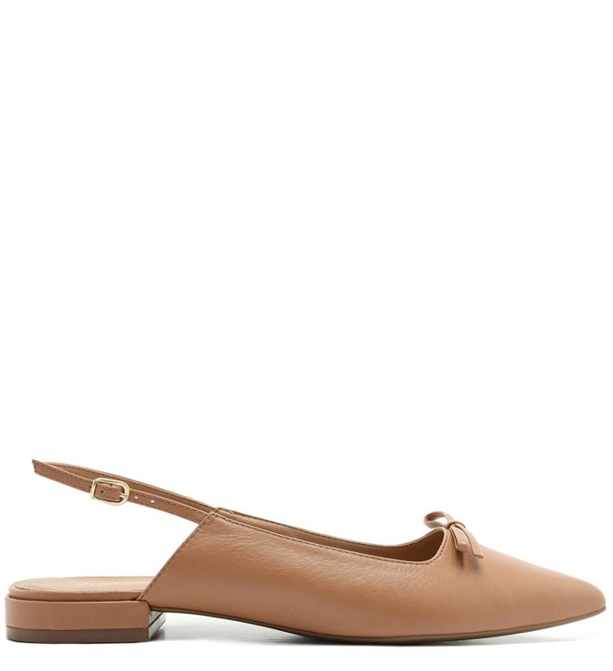 Sapatilha Nude Couro Aberta Fivela Tiny Bow Pale Nut