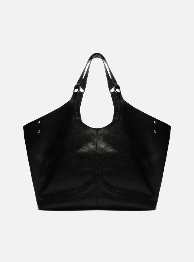 Bolsa Shopping Preta Couro Grande Rebites