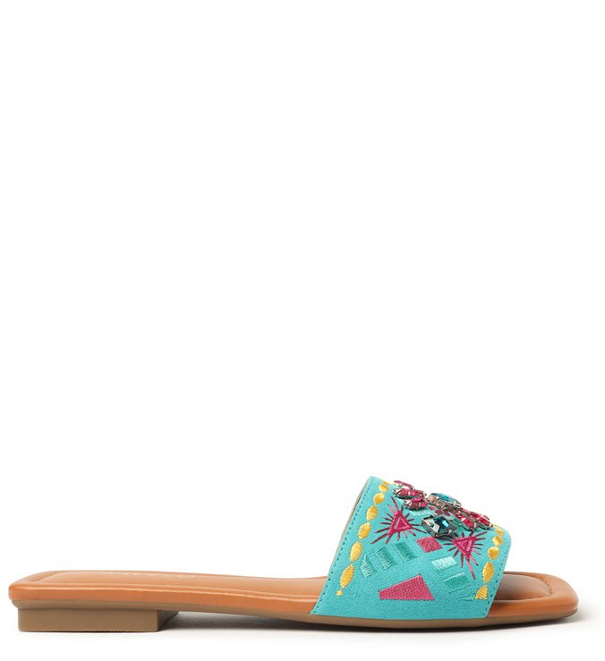 Rasteira Azul Suede Tira Bordada