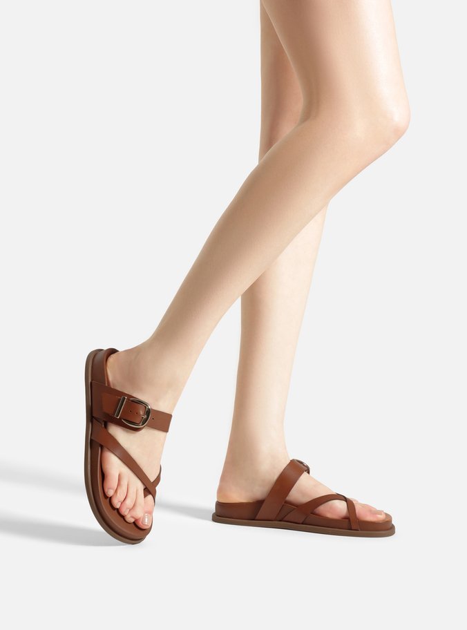 Sandália Papete Marrom Couro Tiras Cruzadas Fivela