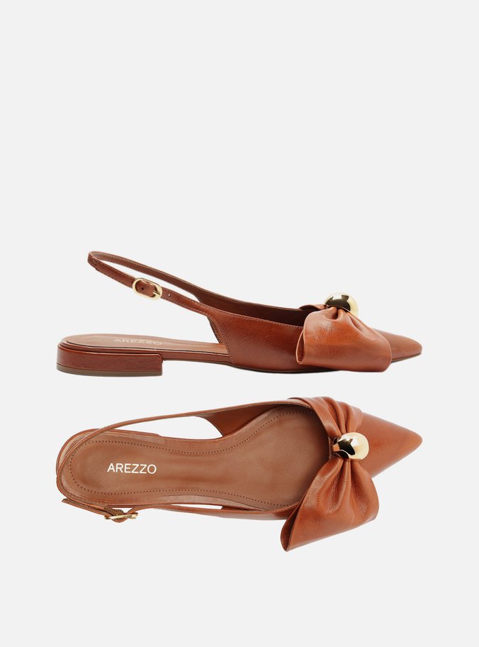 Sapatilha Marrom Couro Slingback Laço Metal