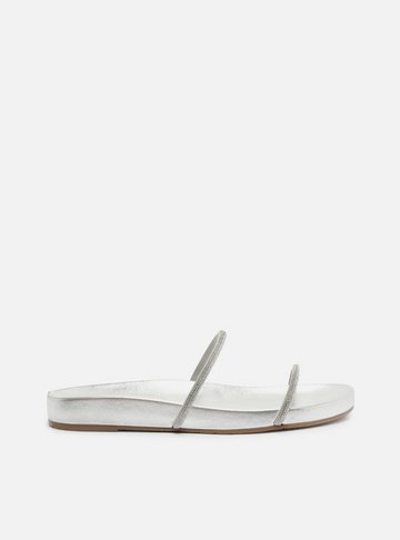 Sandália Rasteira Prata Tiras Strass Minimal