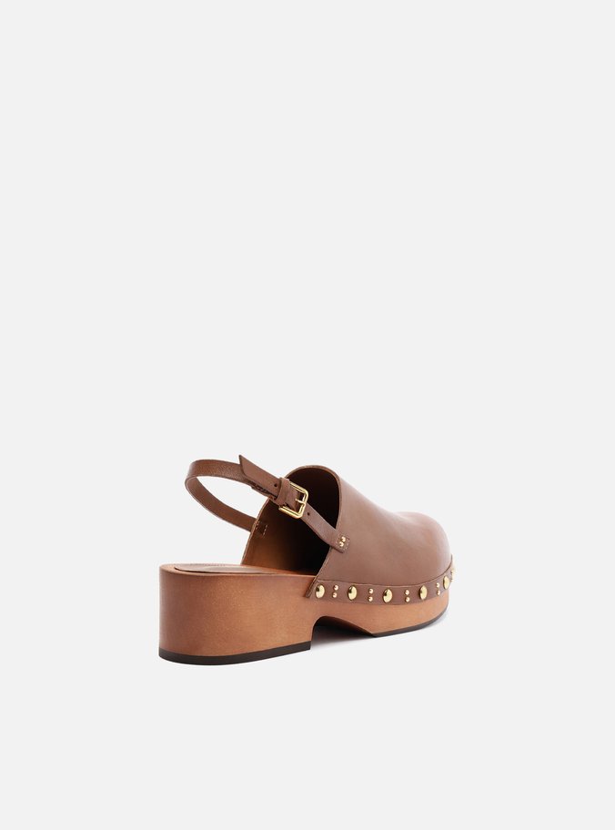 Mule Clog Caramelo Couro Salto Médio Tira