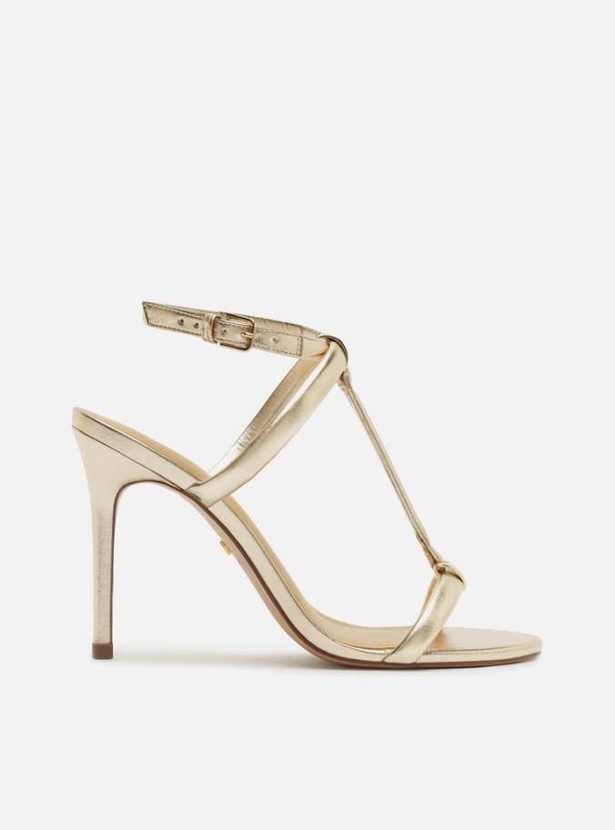 Sandália Dourada Salto Alto Fino Elos Metálicos