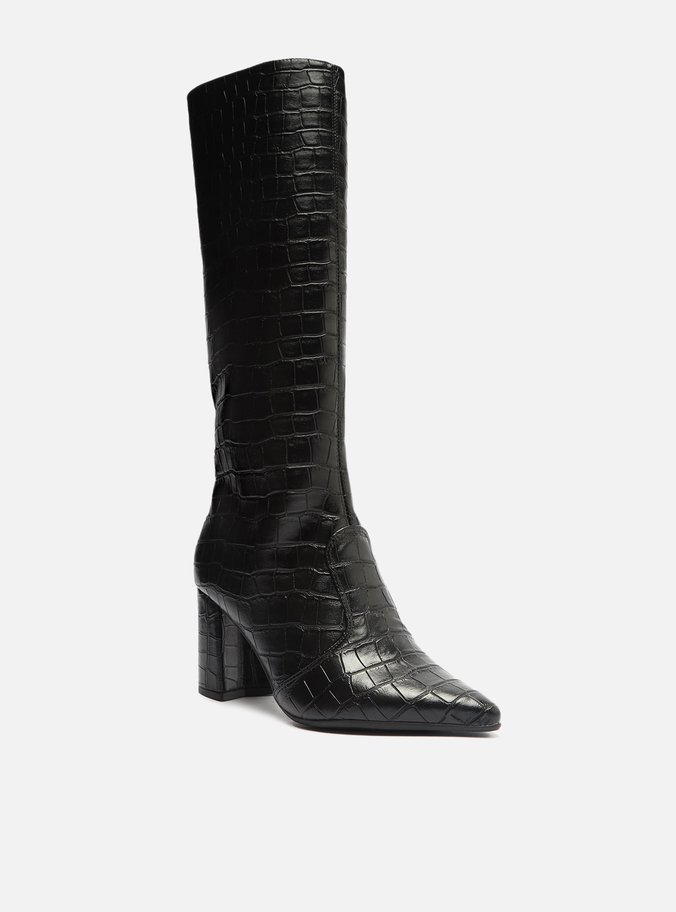 Bota Preta Croco Cano Longo Salto Bloco Easy