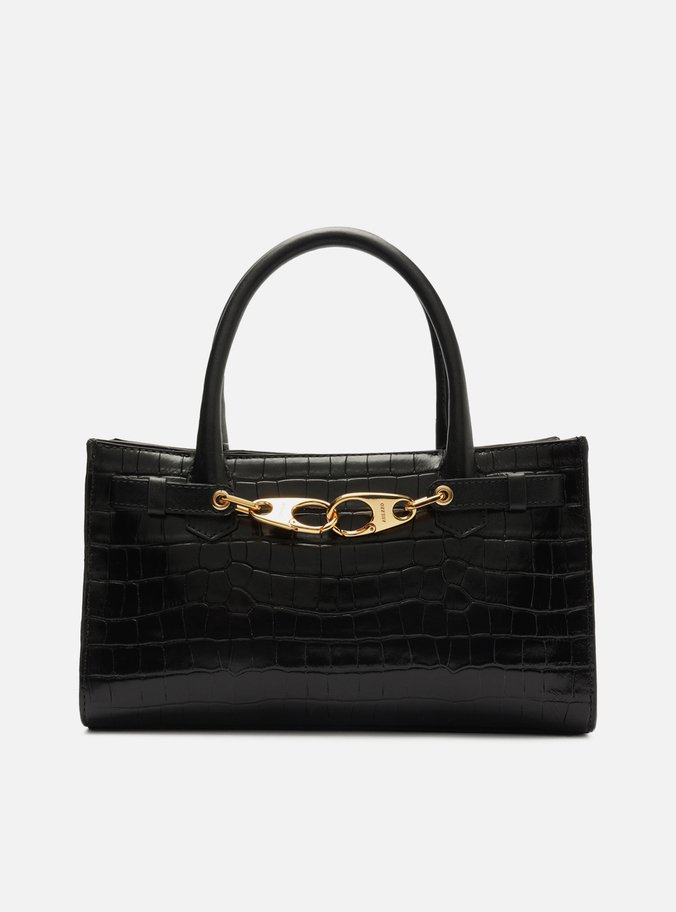 Bolsa Tote Preta Couro Croco Grande Ganchos