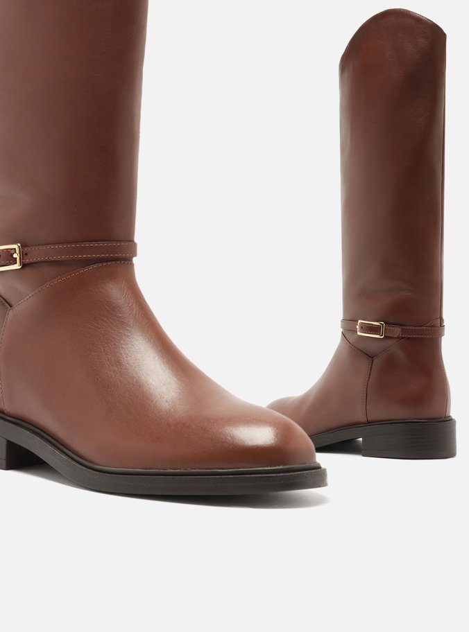 Bota Marrom Couro Cano Longo Montaria Fivela