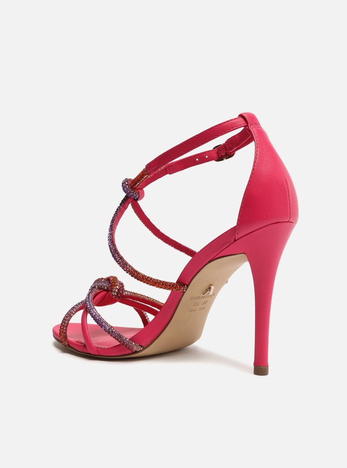Sandália Rosa Couro Salto Fino Strass Fefe