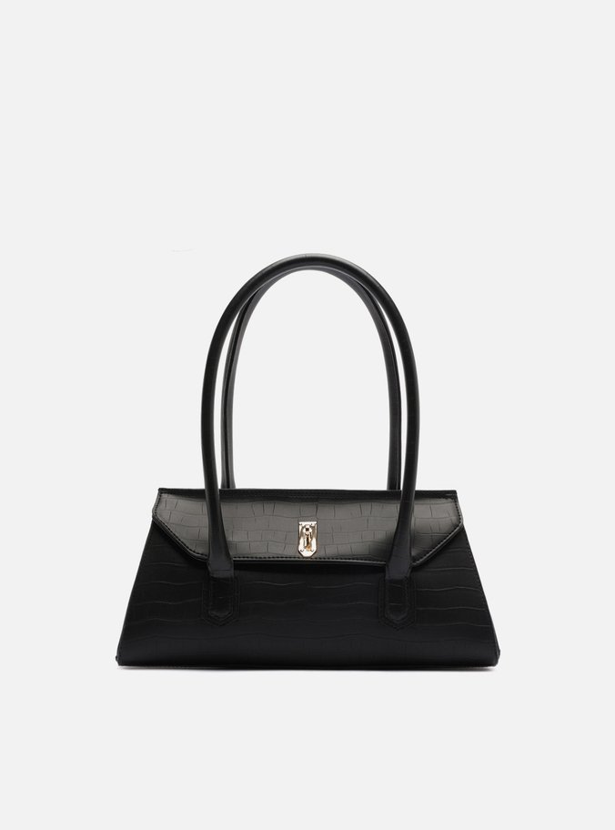 Bolsa Shoulder Preta Média Croco Metais