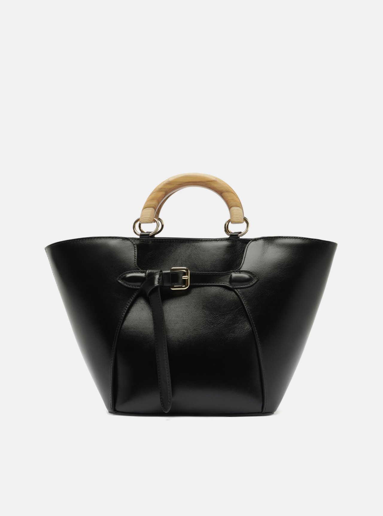 Bolsa Tote Preta Couro Grande Alça Madeira — foto 1