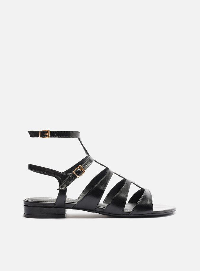 Sandália Rasteira Preta Couro Multitiras