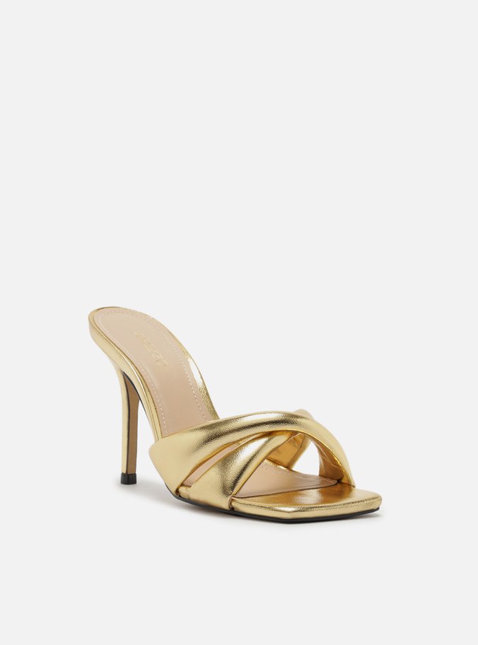 Mule Dourada Salto Alto Tiras Maxi
