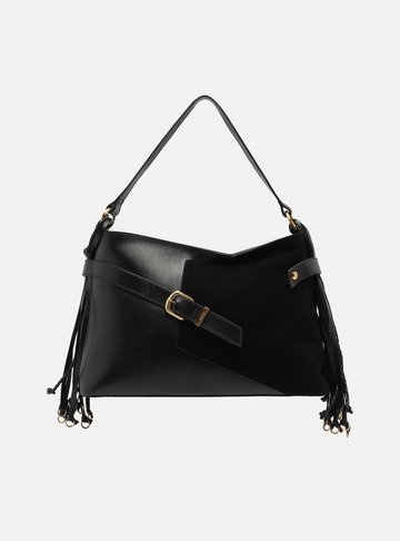 Bolsa Tote Preta Couro Camurça Grande Tiras