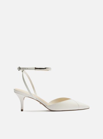 Scarpin Branco Couro Salto Kitten Tira Metal