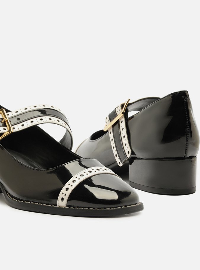 Sapato Boneca Preto Verniz Bloco Branco