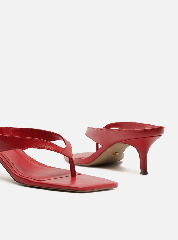 Tamanco Vermelho Couro Salto Médio Thong