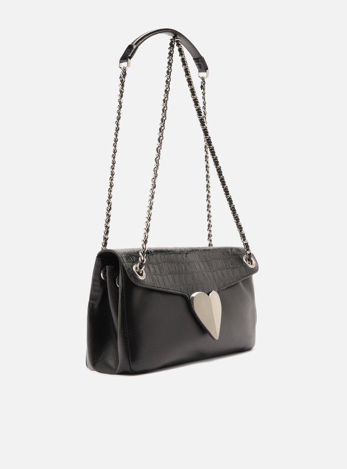 Bolsa Tiracolo Preta Couro Média Coração Metal