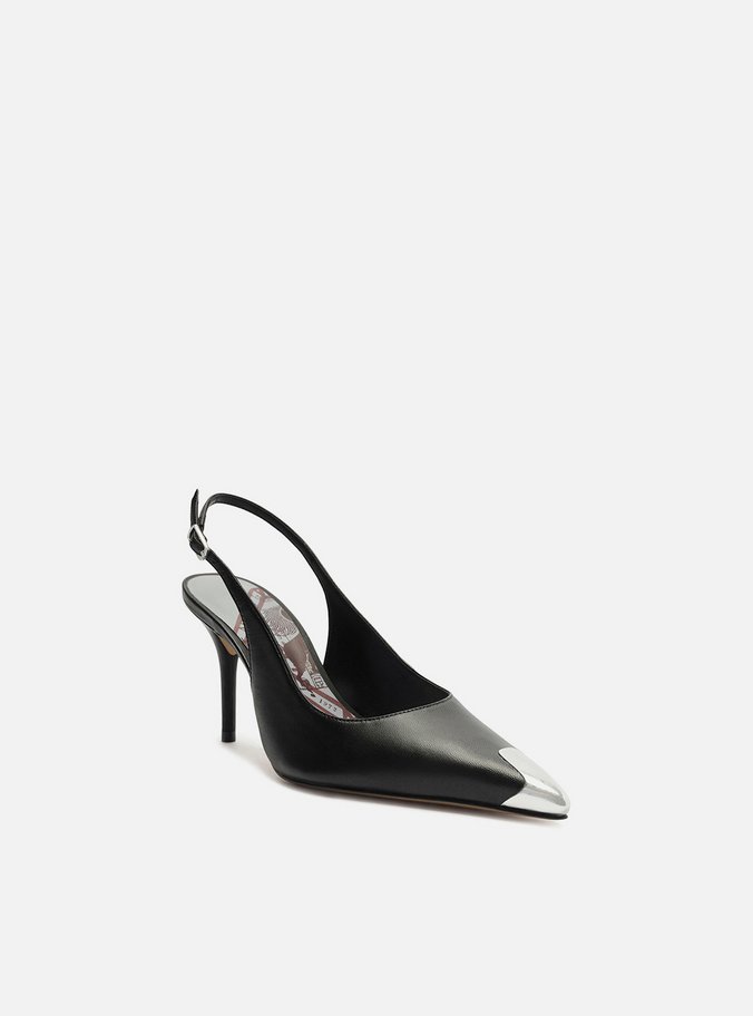 Scarpin Preto Couro Slingback Cap Toe Metal