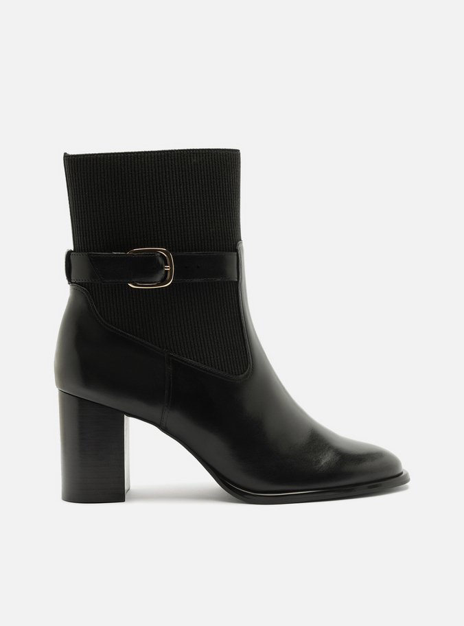 Bota Preta Couro Cano Médio Salto Bloco