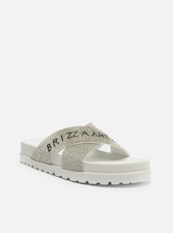 Sandália Papete Branca Tiras Strass Greta Glam