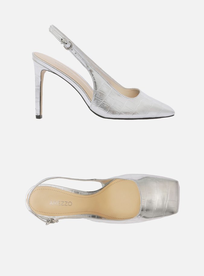 Scarpin Prata Snake Bico Quadrado Slingback