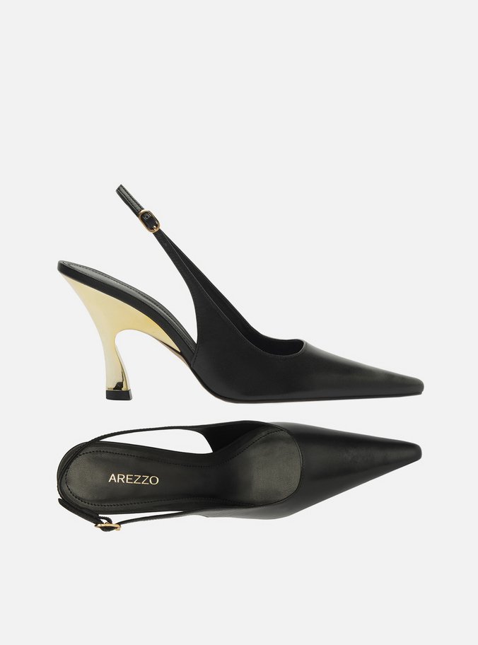 Scarpin Preto Couro Salto Alto Slingback
