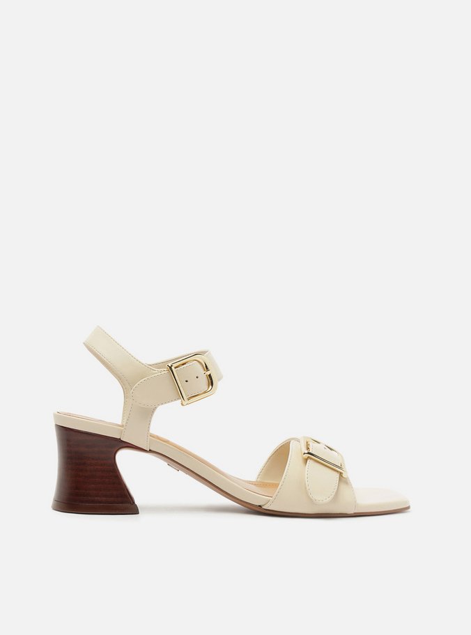 Sandália Off White Couro Salto Médio Bloco Fivelas