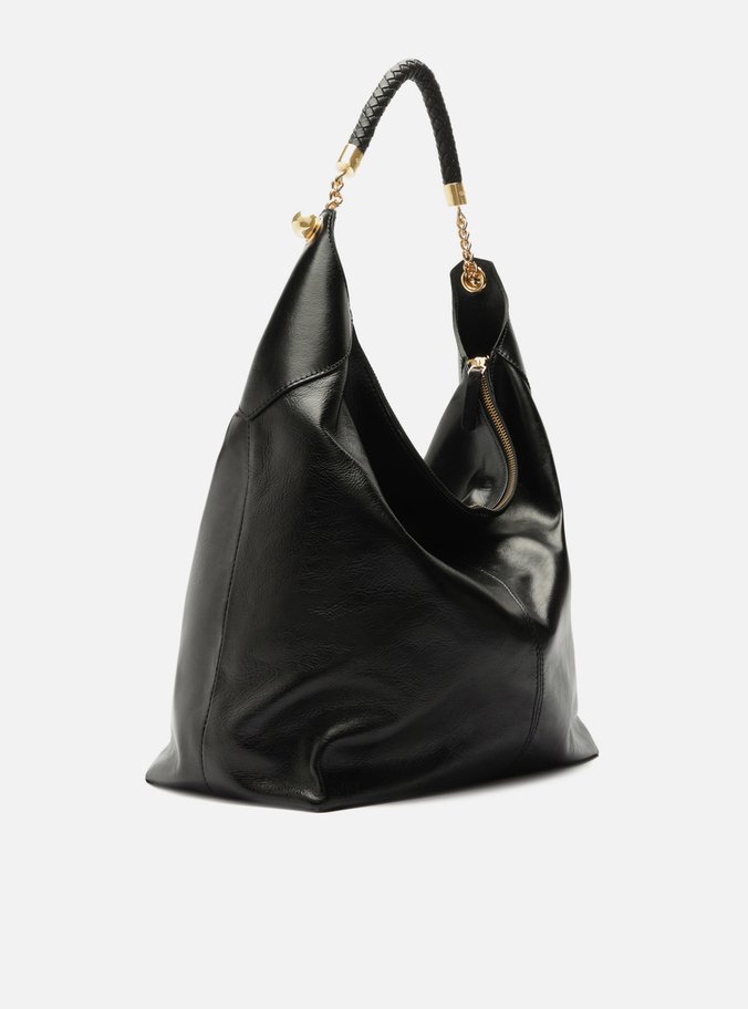 Bolsa Hobo Preta Couro Grande Alça Metais