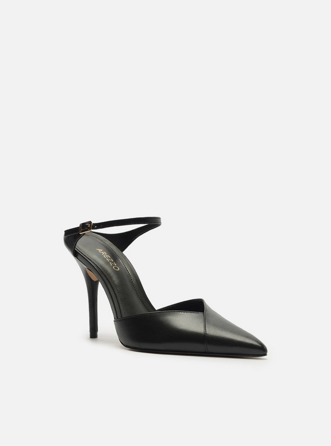 Mule Preta Couro Salto Alto Tira Instep