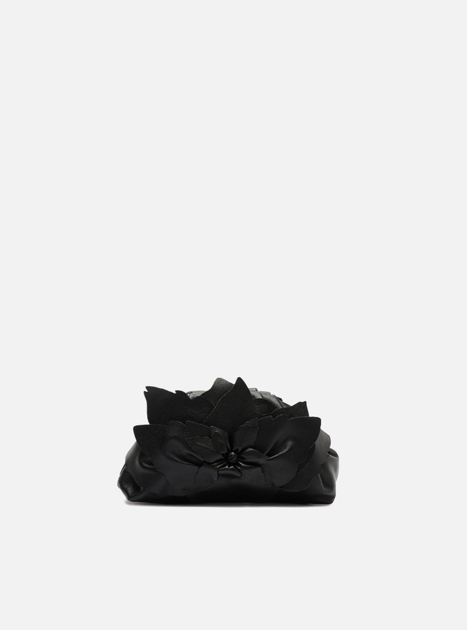 Bolsa Clutch Preta Couro Pequena Flor Corrente