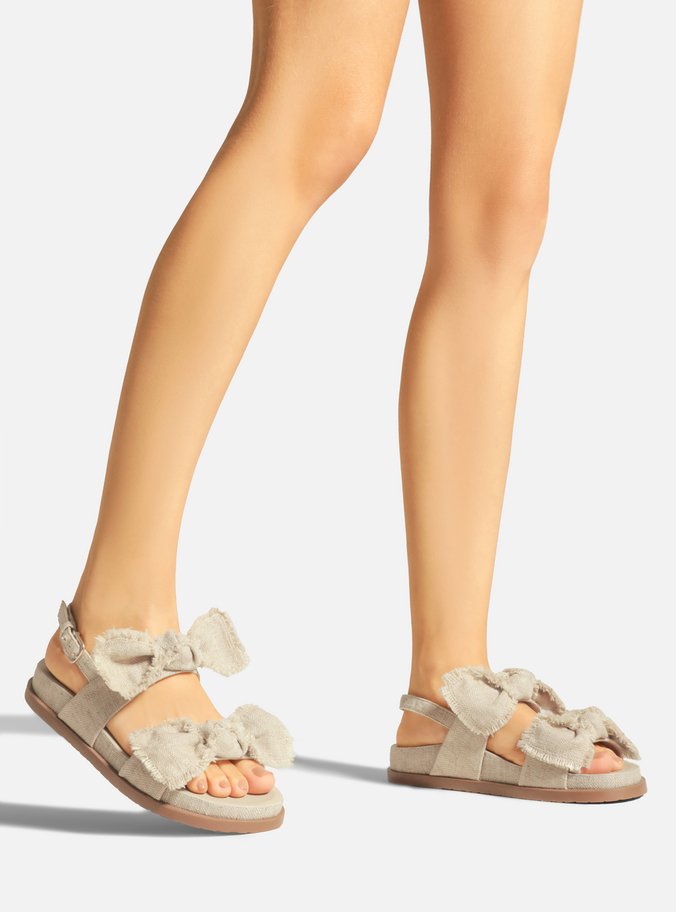 Sandália Rasteira Nude Linho Flatform Laços