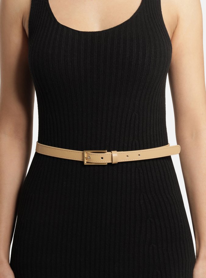 Cinto Bege Couro Fino Fivela Dourada