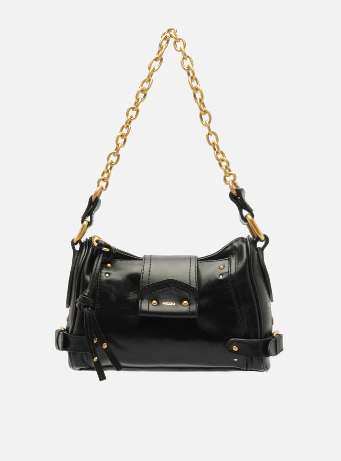 Bolsa Tiracolo Preta Couro Média Rebites