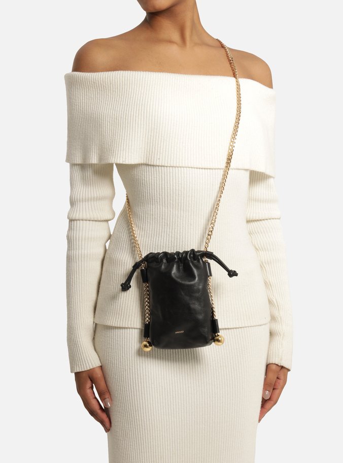 Mini Bag Preta Couro Porta-Celular Corrente Esferas