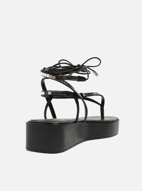 Sandália Preta Flatform Amarração Brilho