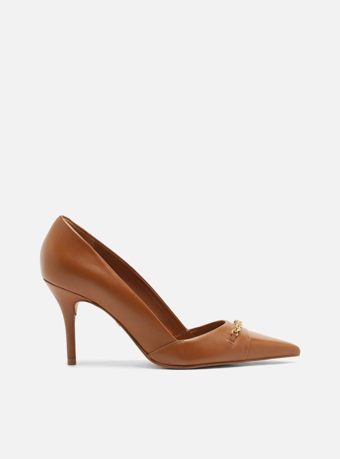 Scarpin Marrom Couro Salto Fino Metais