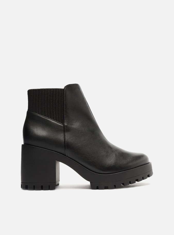 Bota Preta Couro Salto Bloco Tratorado Elástico