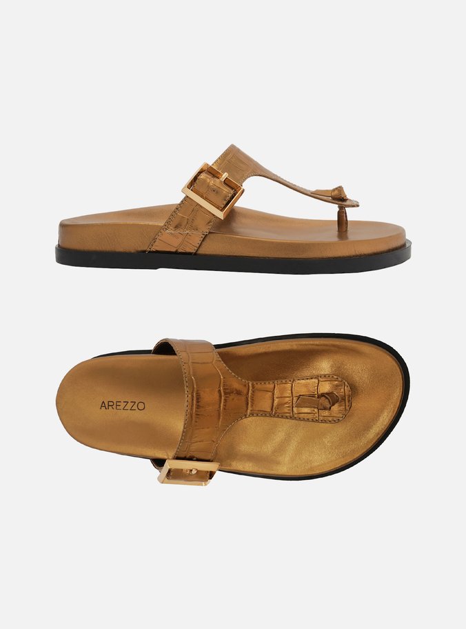 Sandália Rasteira Dourada Croco Fivela