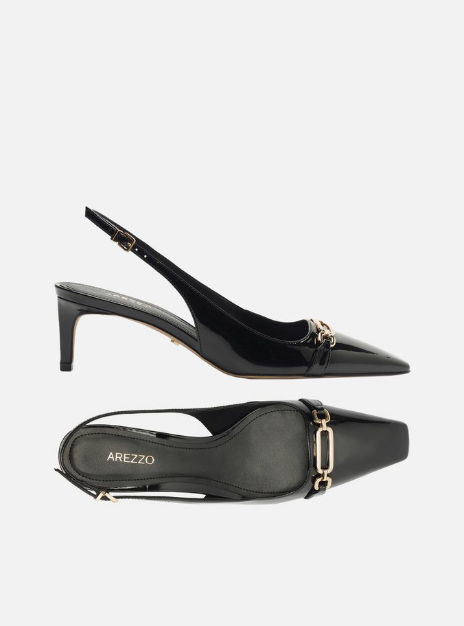 Scarpin Preto Verniz Salto Baixo Slingback Metal