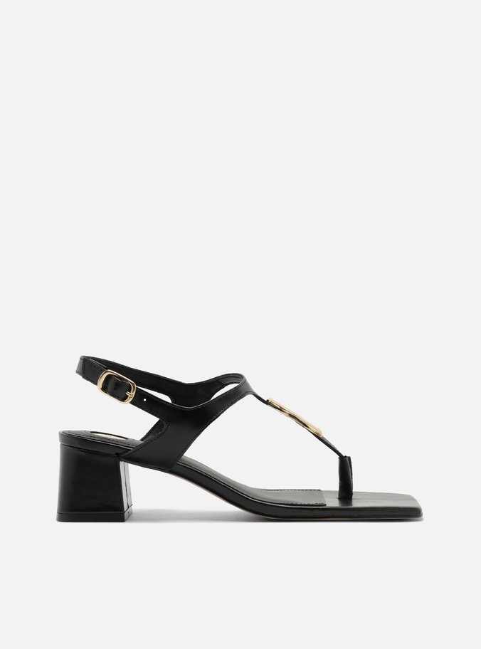 Sandália Preta Couro Bloco Tira Slim Metal