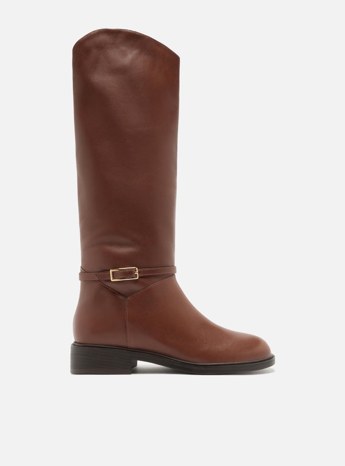 Bota Marrom Couro Cano Longo Montaria Fivela
